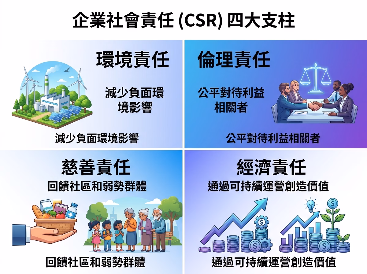企業社會責任四大面向示意圖,包含環境責任、倫理責任、慈善責任、經濟責任四個區塊及各自核心說明
