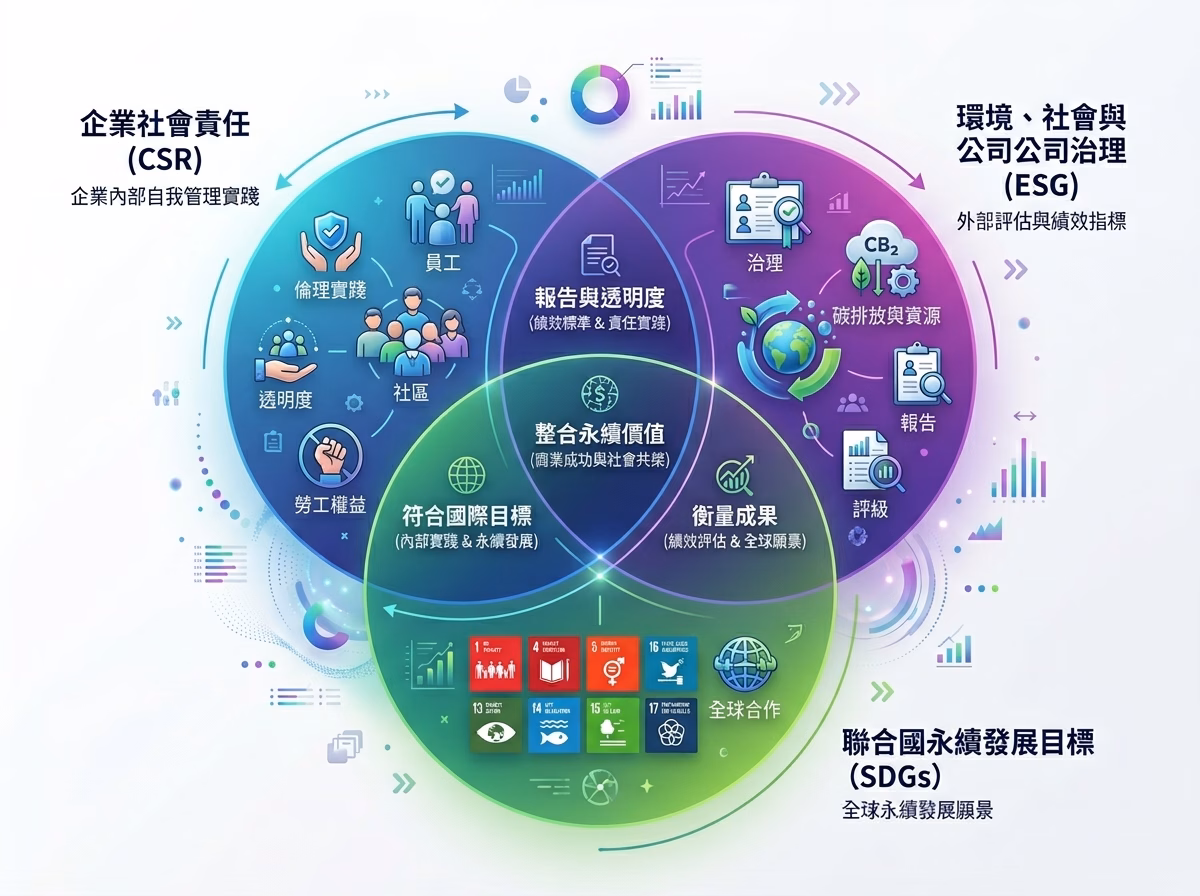 CSR、ESG 與 SDGs 三者關係概念圖,呈現各自定義範疇、主導方與相互關聯