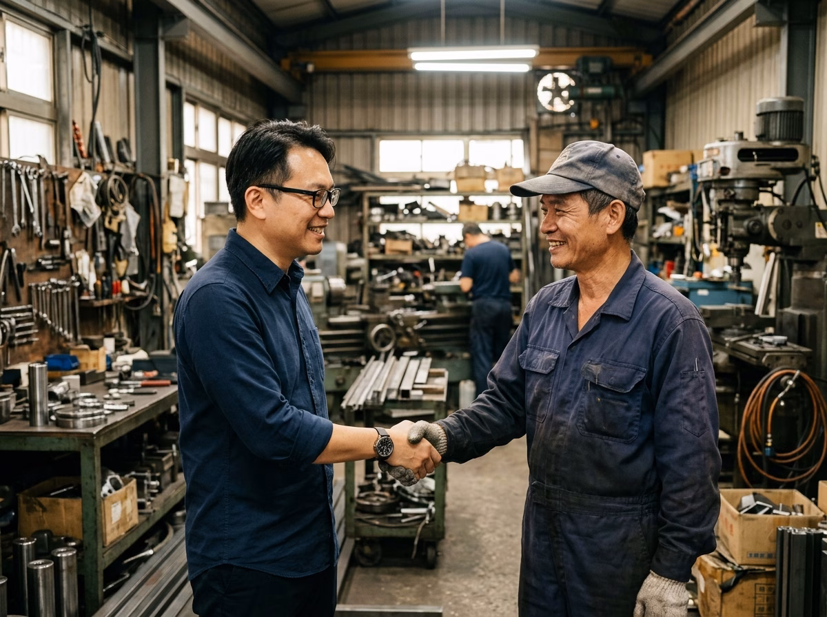 品牌主與台灣在地工廠工作人員握手,象徵中小品牌透過供應鏈透明化落實倫理責任