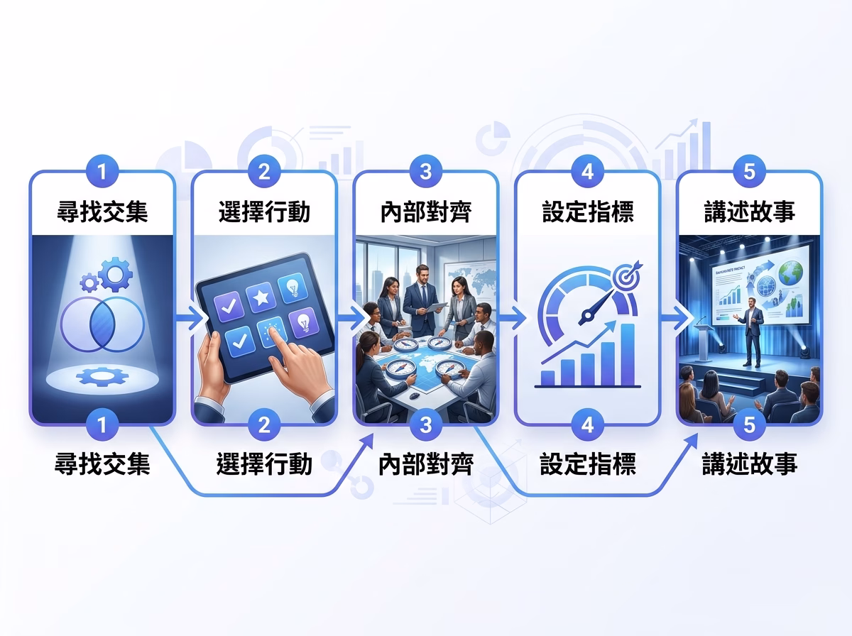 中小品牌落實企業社會責任的 5 步驟流程圖,從品牌價值交集確認到對外說故事的完整行動路徑