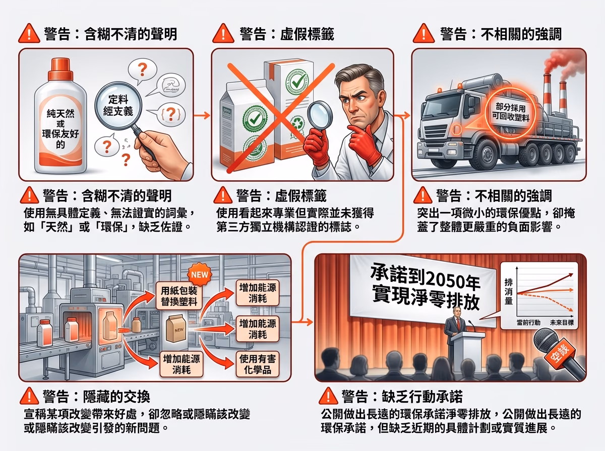 洗綠 Greenwashing 五大類型警示說明圖,幫助品牌識別並避免誇大的環保宣稱